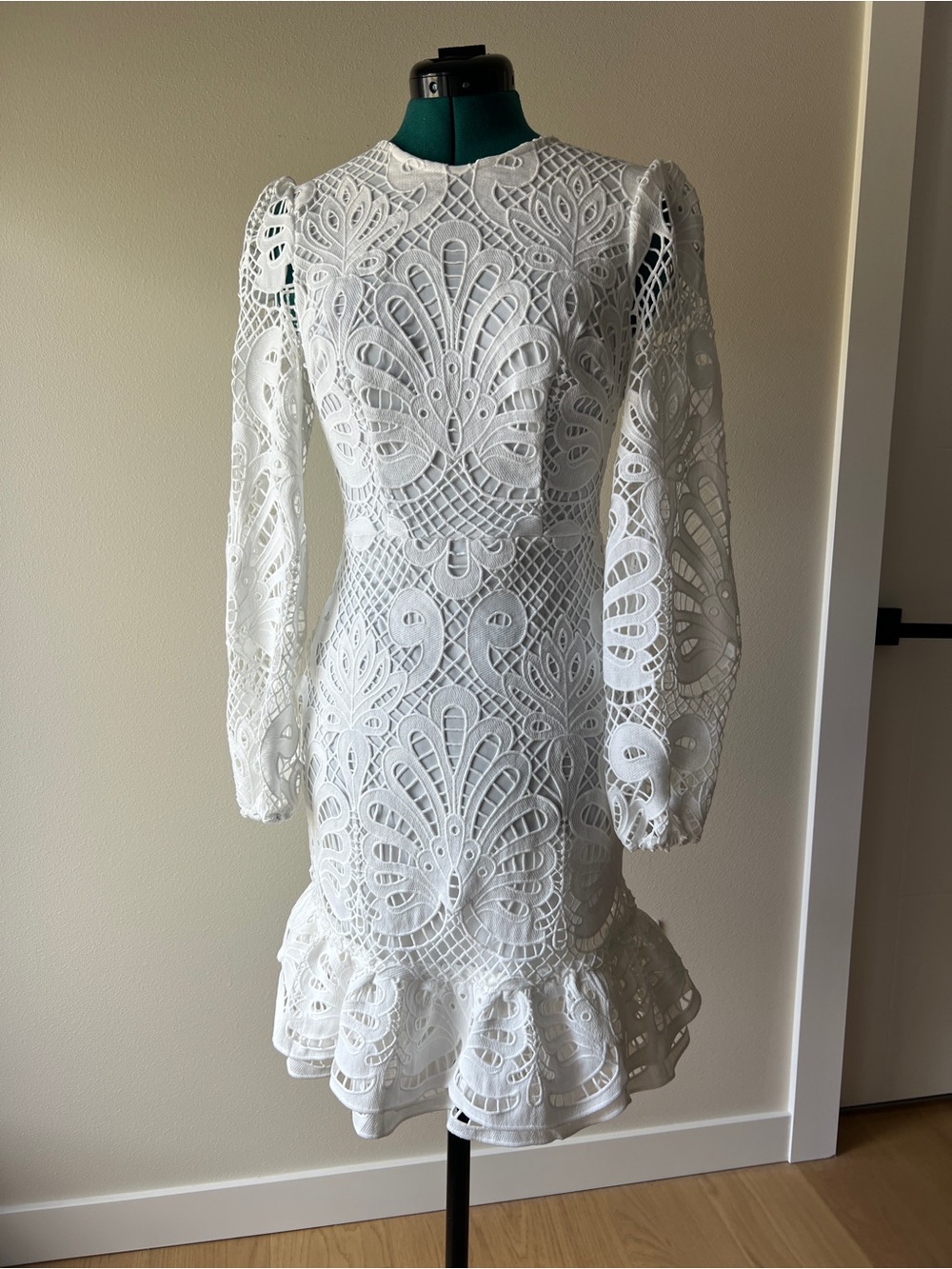 David's Bridal White Long-Sleeve Lace Mini Dress